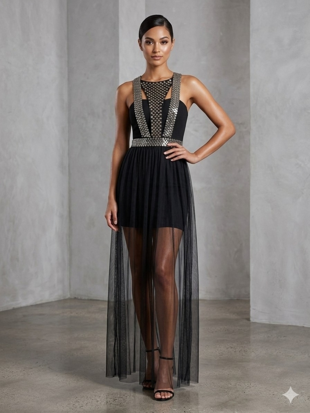 Black Embellished Metallic Mesh Maxi Dress Size Small Formal Elegant Striking